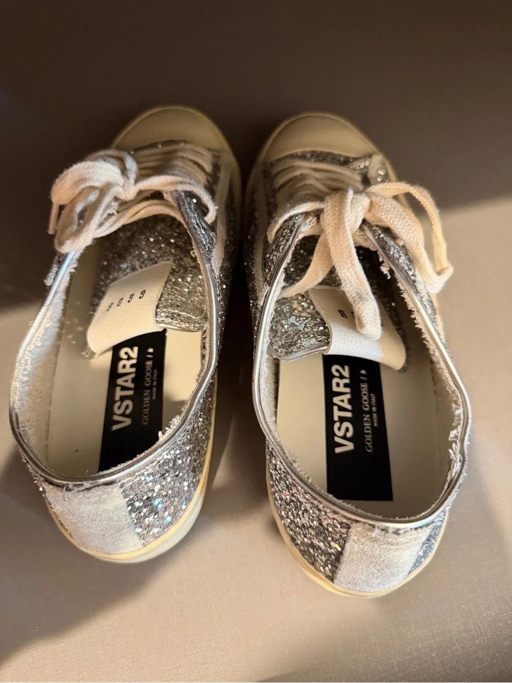 Golden Goose Silver Glitter Low-Top Sneakers with Beige Sole